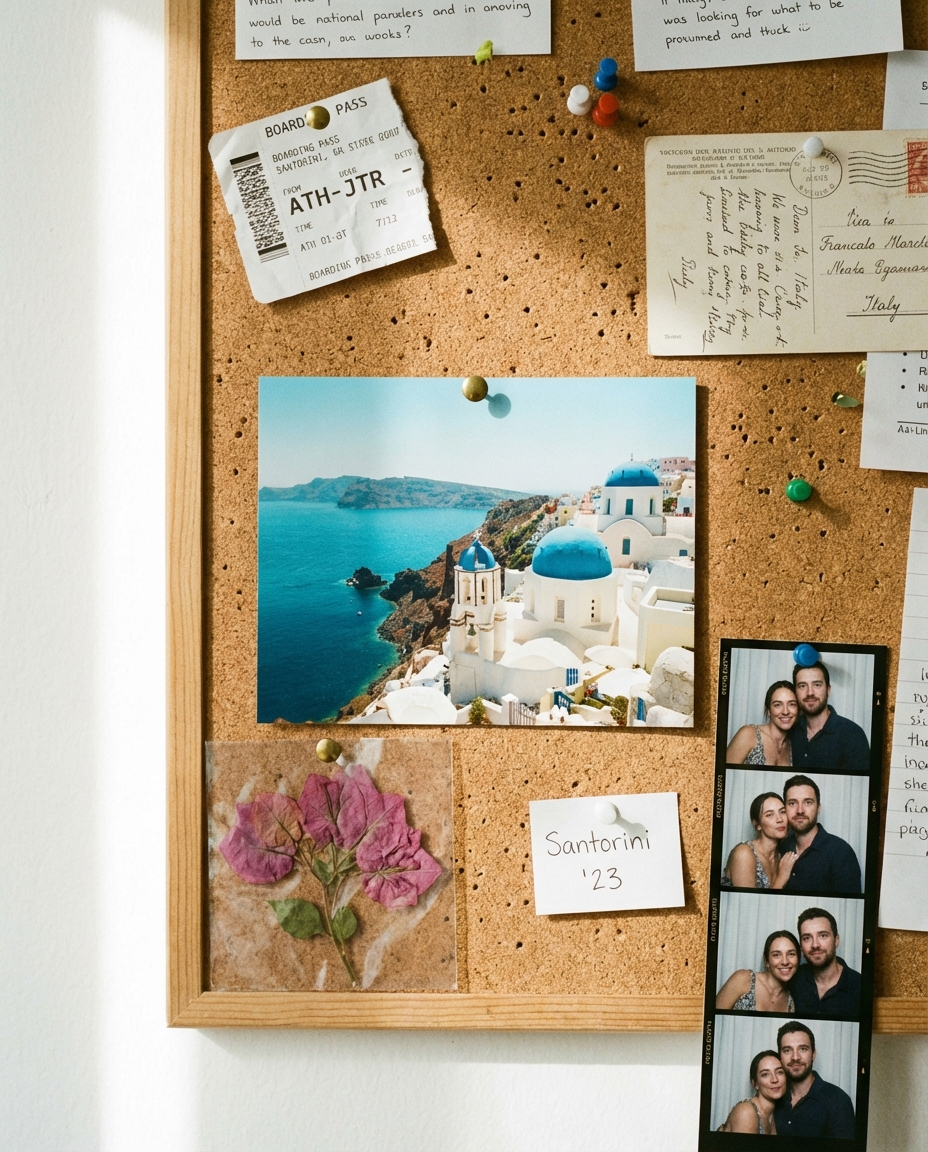 Travel print pinned to a corkboard