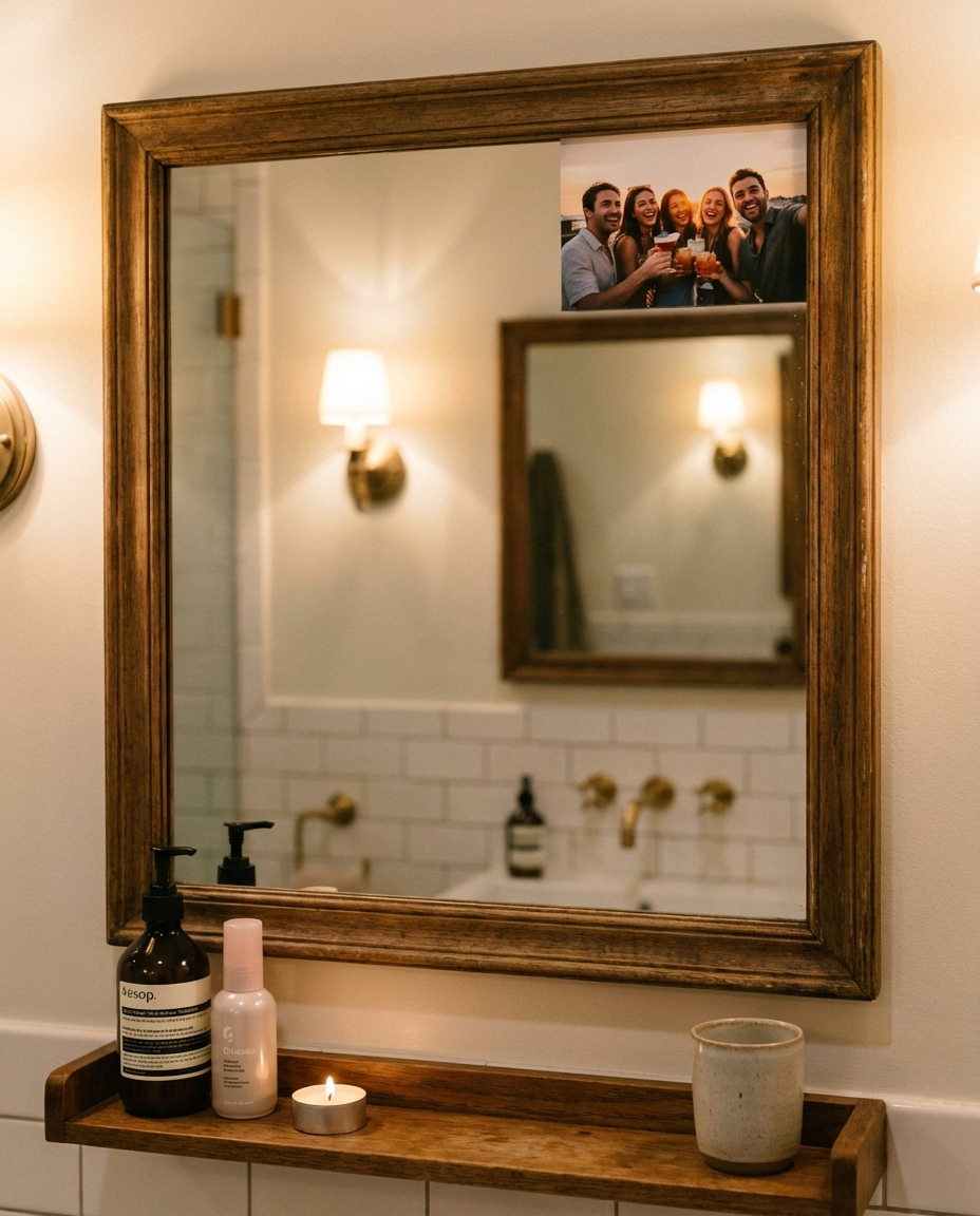 Friends selfie tucked into a mirror frame
