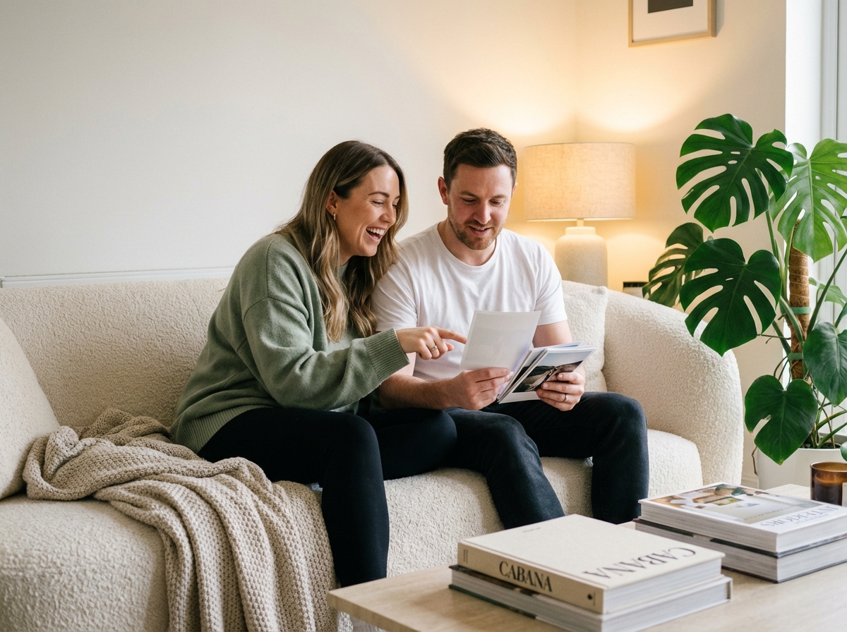 Family enjoying printed photos on a sofa